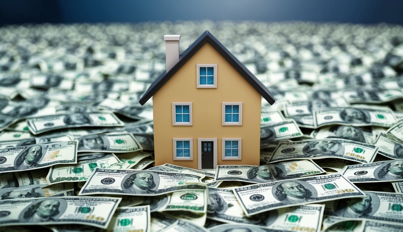 A single family rental house surrounded by cash symbolizing the benefits to landlords of having a tenant payment record keeping system