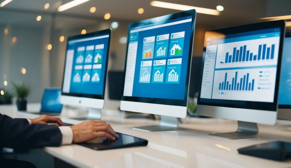 A modern office with multiple computer screens displaying various property management accounting software integrations and scalability features