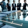 Business professionals in an office reviewing a clear timeline display on a glass table with financial documents and a laptop.