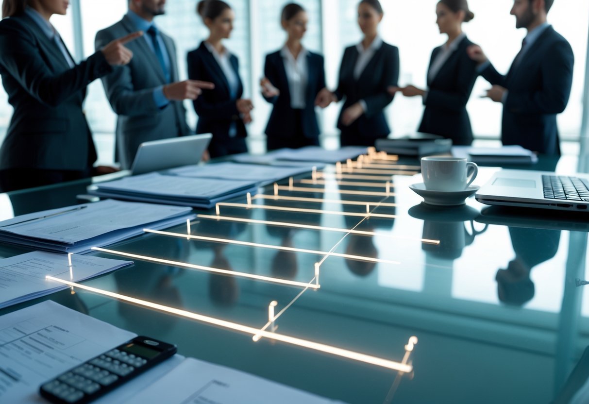 Business professionals in an office reviewing a clear timeline display on a glass table with financial documents and a laptop.