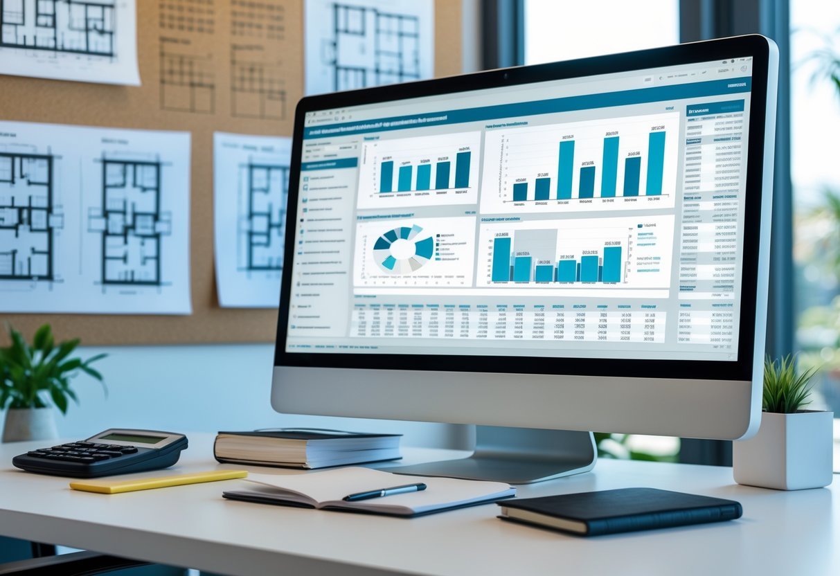 A modern office desk with a computer showing financial charts and spreadsheets, a calculator, notebook, and architectural blueprints on the wall.