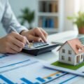 Hands calculating rental property financials with calculator, documents, laptop, and a small house model on a desk in an office.
