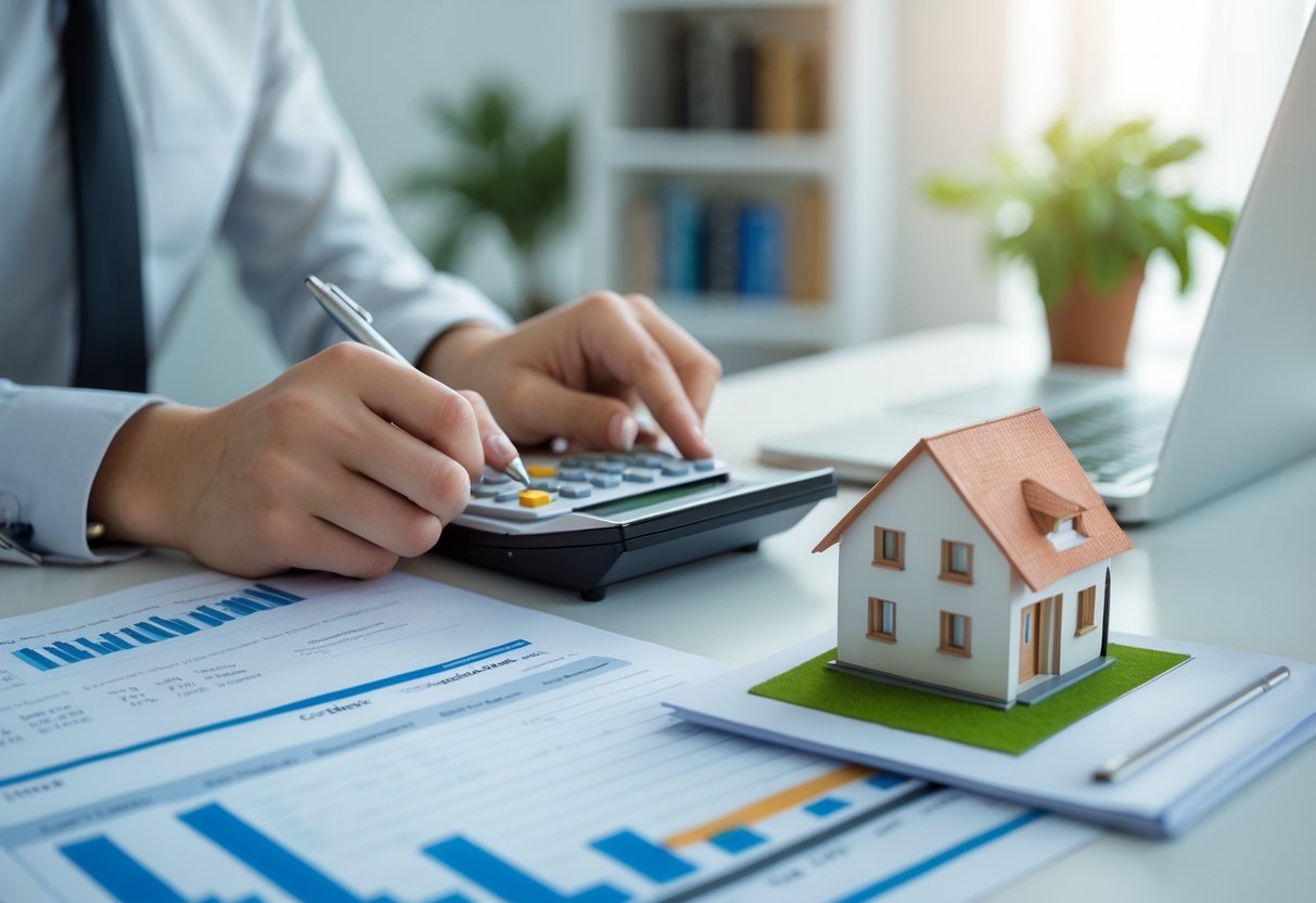 Hands calculating rental property financials with calculator, documents, laptop, and a small house model on a desk in an office.