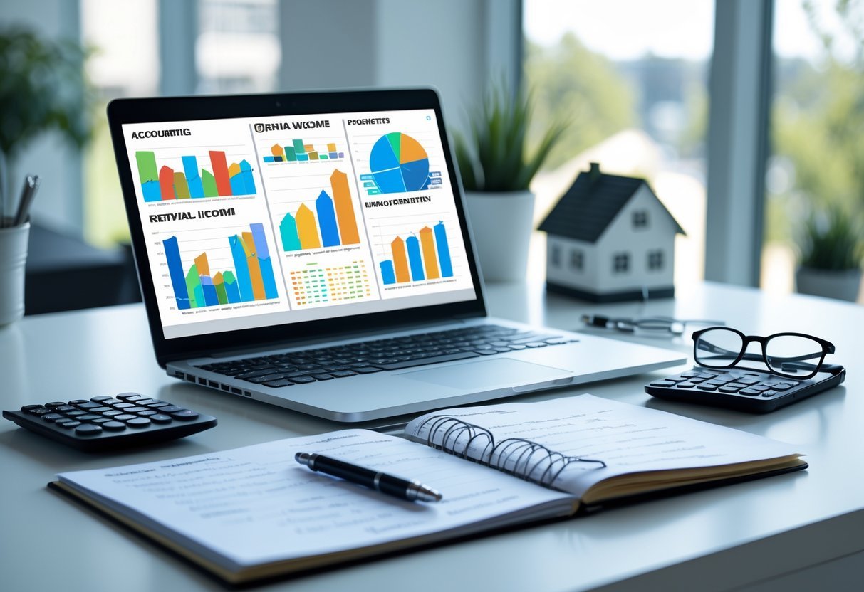A desk with a laptop showing financial charts, an open notebook, a calculator, eyeglasses, and a small house model representing rental property accounting.