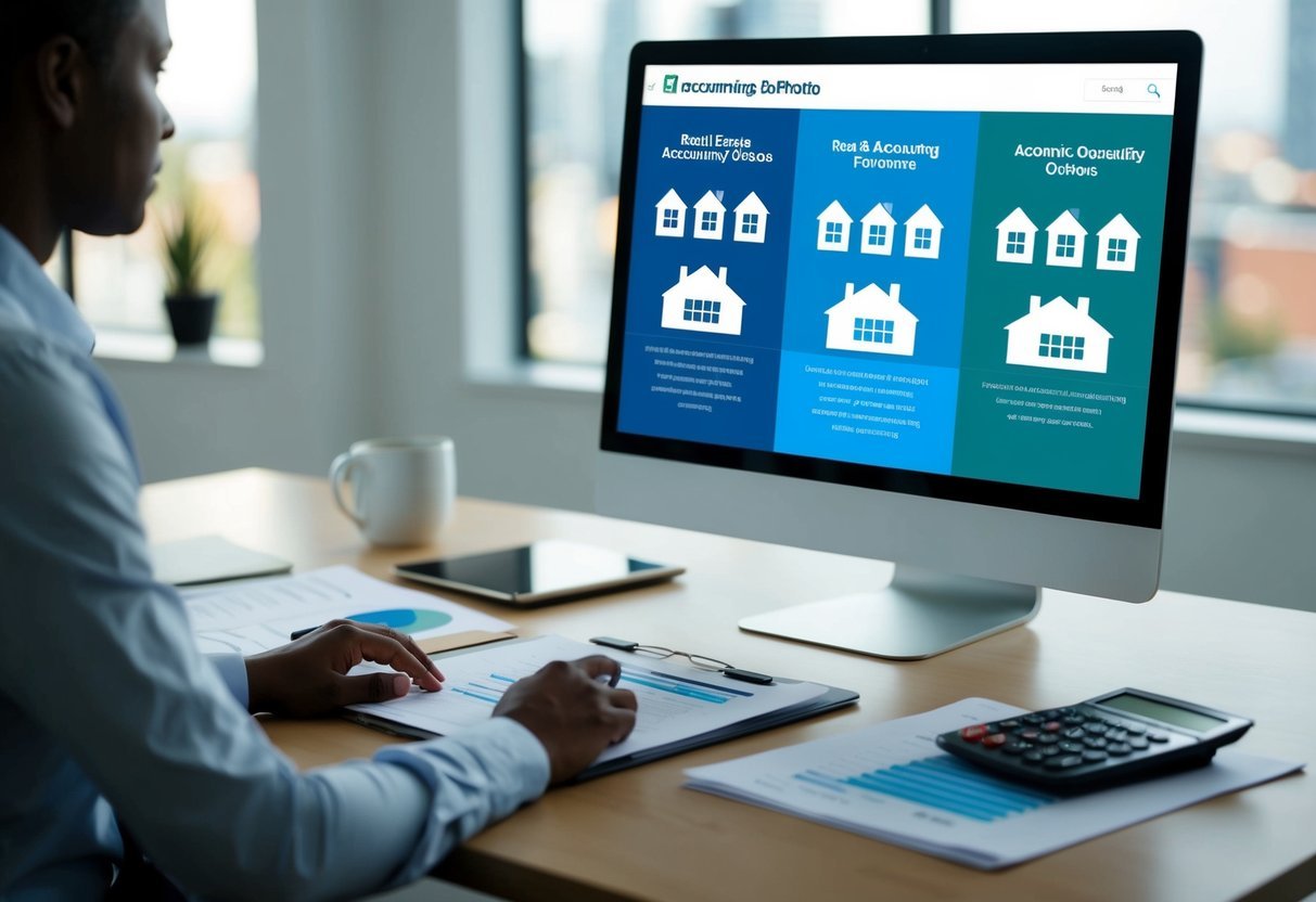 A person sitting at a desk, comparing different real estate accounting software options on a computer screen, with paperwork and a calculator nearby