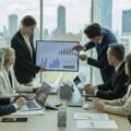 Business professionals in a modern office reviewing financial data related to real estate investments around a conference table.