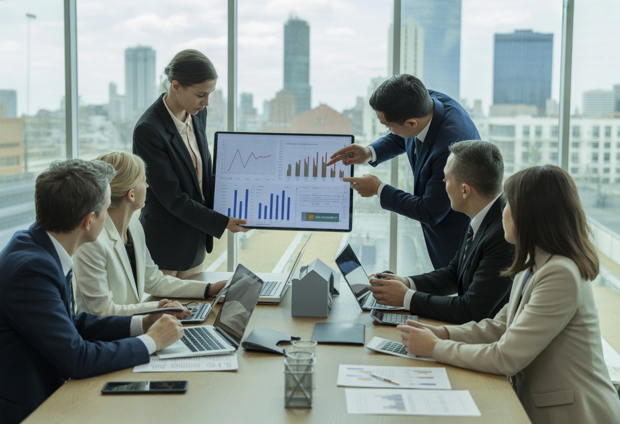 Business professionals in a modern office reviewing financial data related to real estate investments around a conference table.