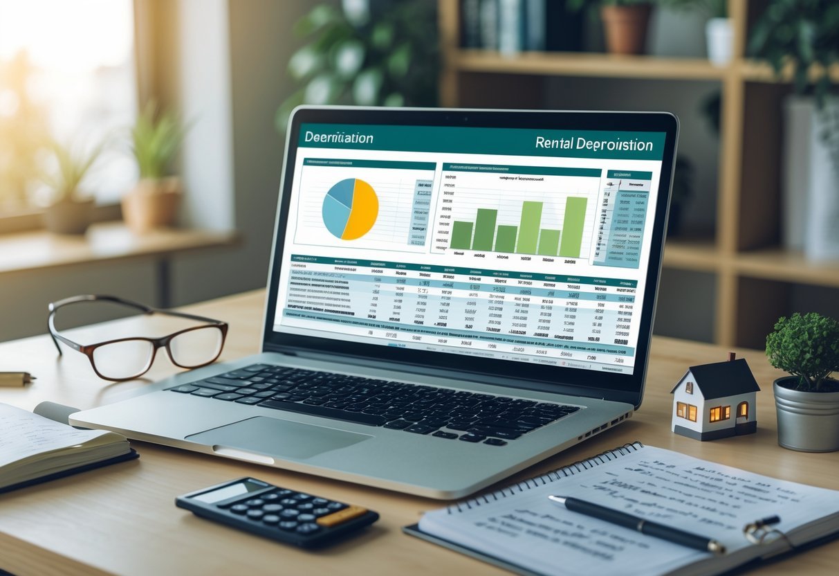 A workspace with a laptop showing financial data, a calculator, notebook with notes, eyeglasses, and a small house model on a desk.