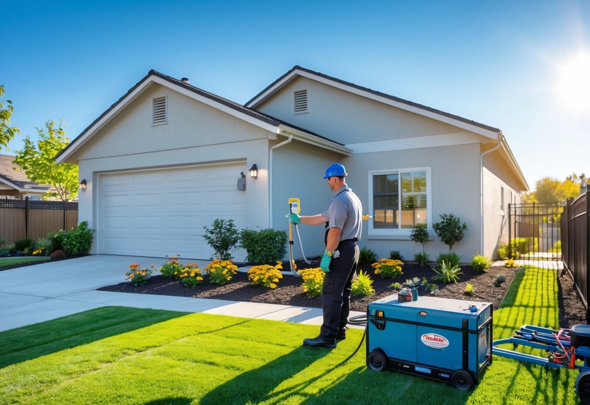 A maintenance worker inspecting a clean residential rental property with a well-kept lawn and landscaping during daytime.