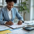 A person manually recording rental bookkeeping at a desk with papers, a calculator, and a laptop in a bright office.