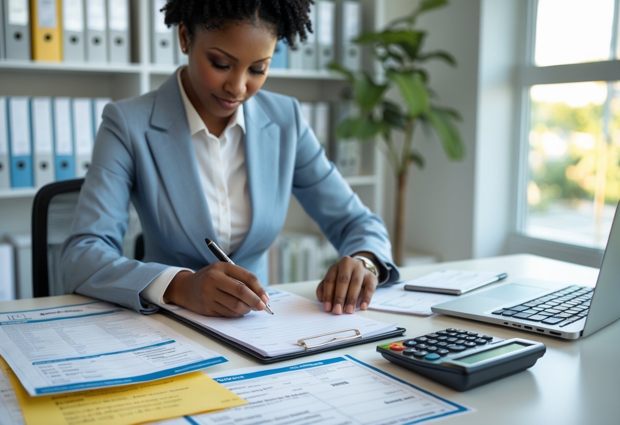 A person manually recording rental bookkeeping at a desk with papers, a calculator, and a laptop in a bright office.