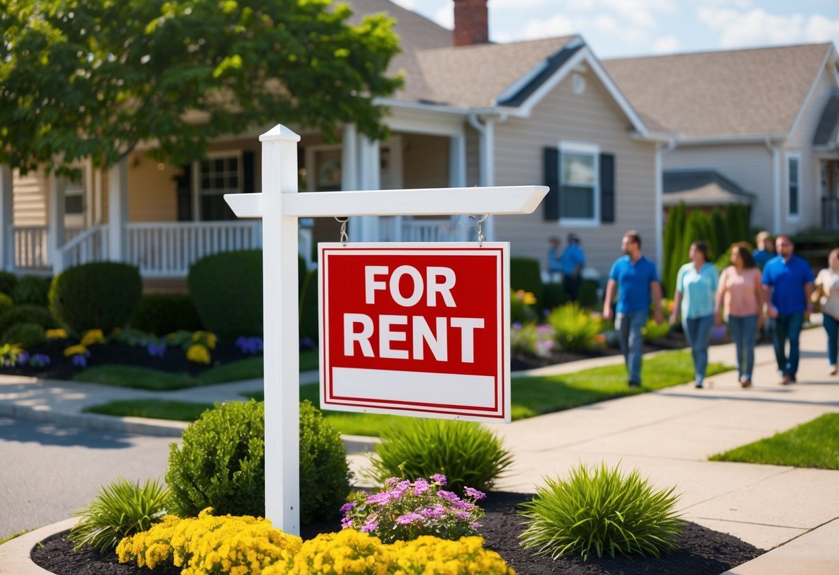 A quaint rental property with a "For Rent" sign out front, surrounded by well-maintained landscaping and a steady stream of tenants coming and going
