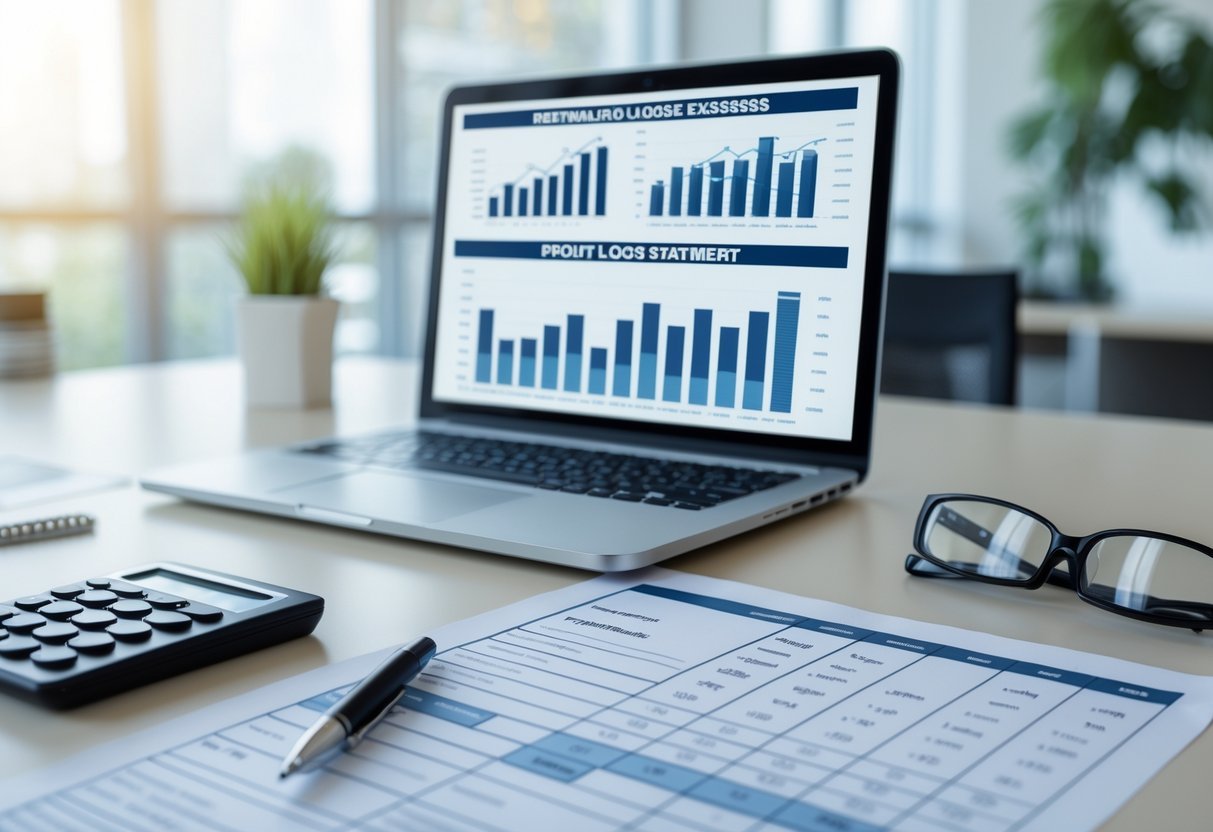 A desk with a laptop showing financial charts, a printed profit and loss statement template, a calculator, pen, and eyeglasses in a bright office setting.