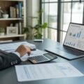 A person working at a desk with financial documents, a calculator, and a laptop, planning taxes for rental properties.