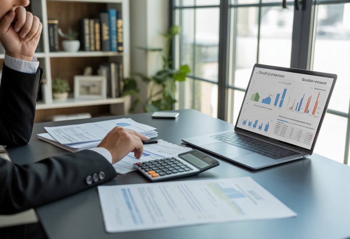 A person working at a desk with financial documents, a calculator, and a laptop, planning taxes for rental properties.