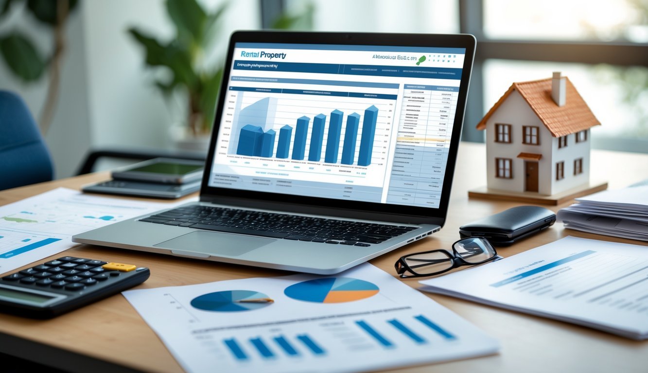 A desk with a laptop showing financial charts, documents, a calculator, a pen, a coffee cup, and a small model house in the background.