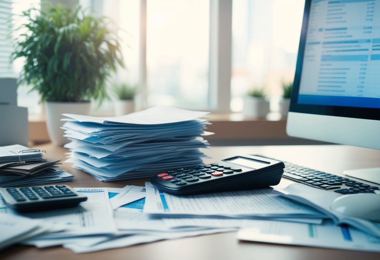 A cluttered desk with scattered financial documents and a calculator. A stack of unpaid bills and a confused expression on a computer screen