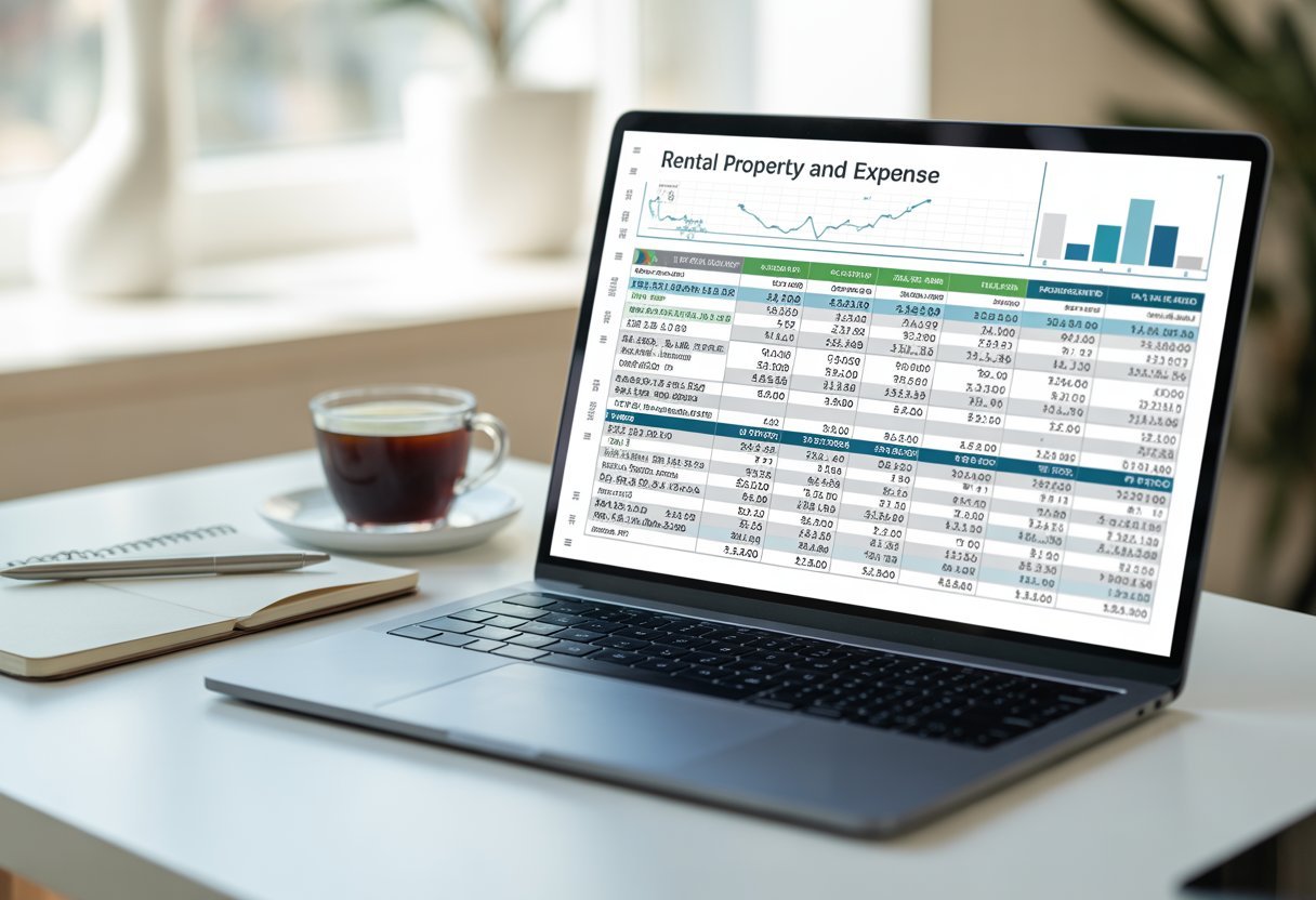 A laptop on a desk displaying a financial spreadsheet with charts and numbers, surrounded by a coffee cup and a notepad.