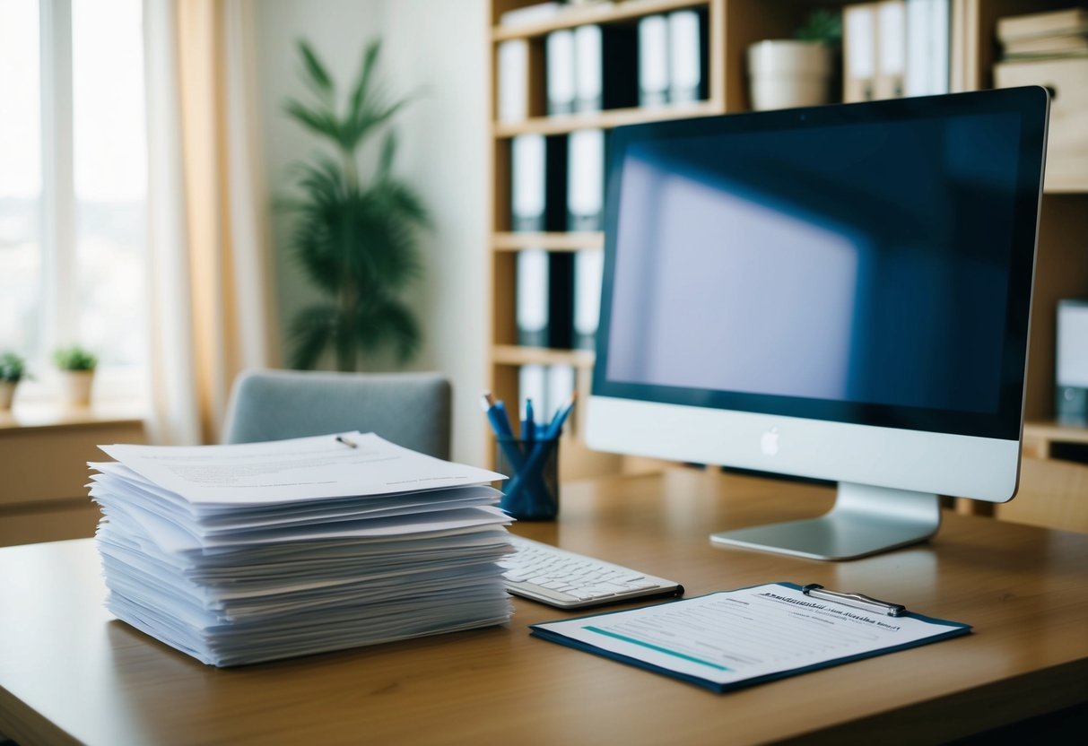 A cozy home office with a desk, computer, and filing cabinet. A stack of rental property tax documents and a checklist are visible on the desk