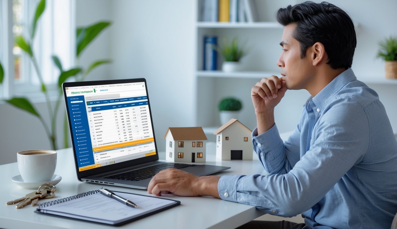 An investor using a calculator and writing in a ledger on a desk with financial documents, coins, and a laptop in a bright office.